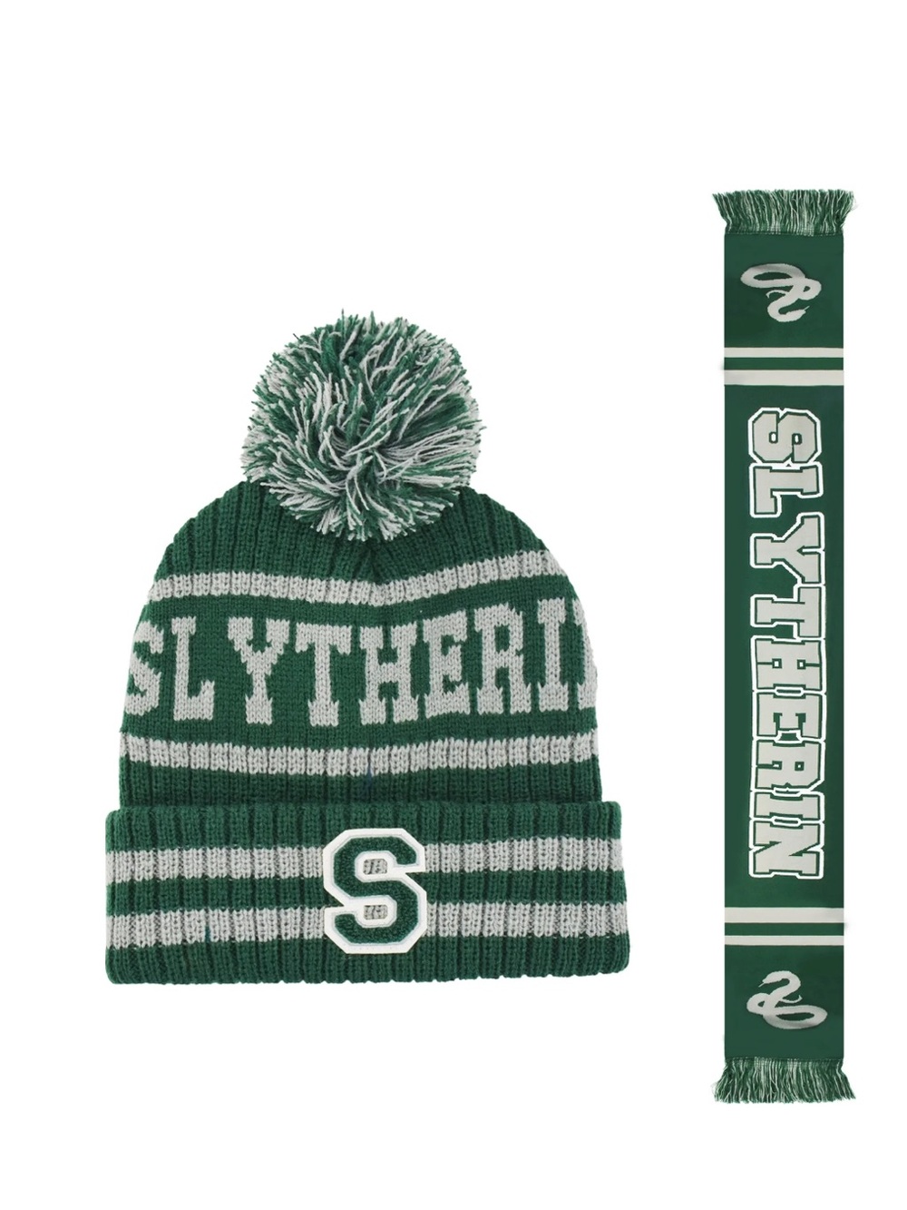 Harry Potter Beanie Hat & Scarf Set, Hogwarts Winter Knit Cap Cuffed SLYTHERIN